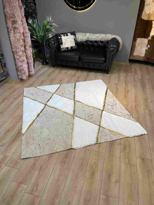 Beige white luxury faux fur rug with geometric design in modern living room