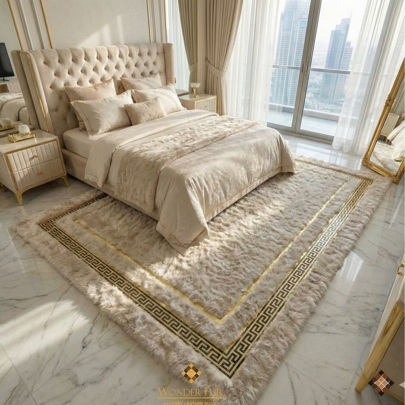 Handmade Ivory Sheepskin Area Rug with Gold Greek Key Border