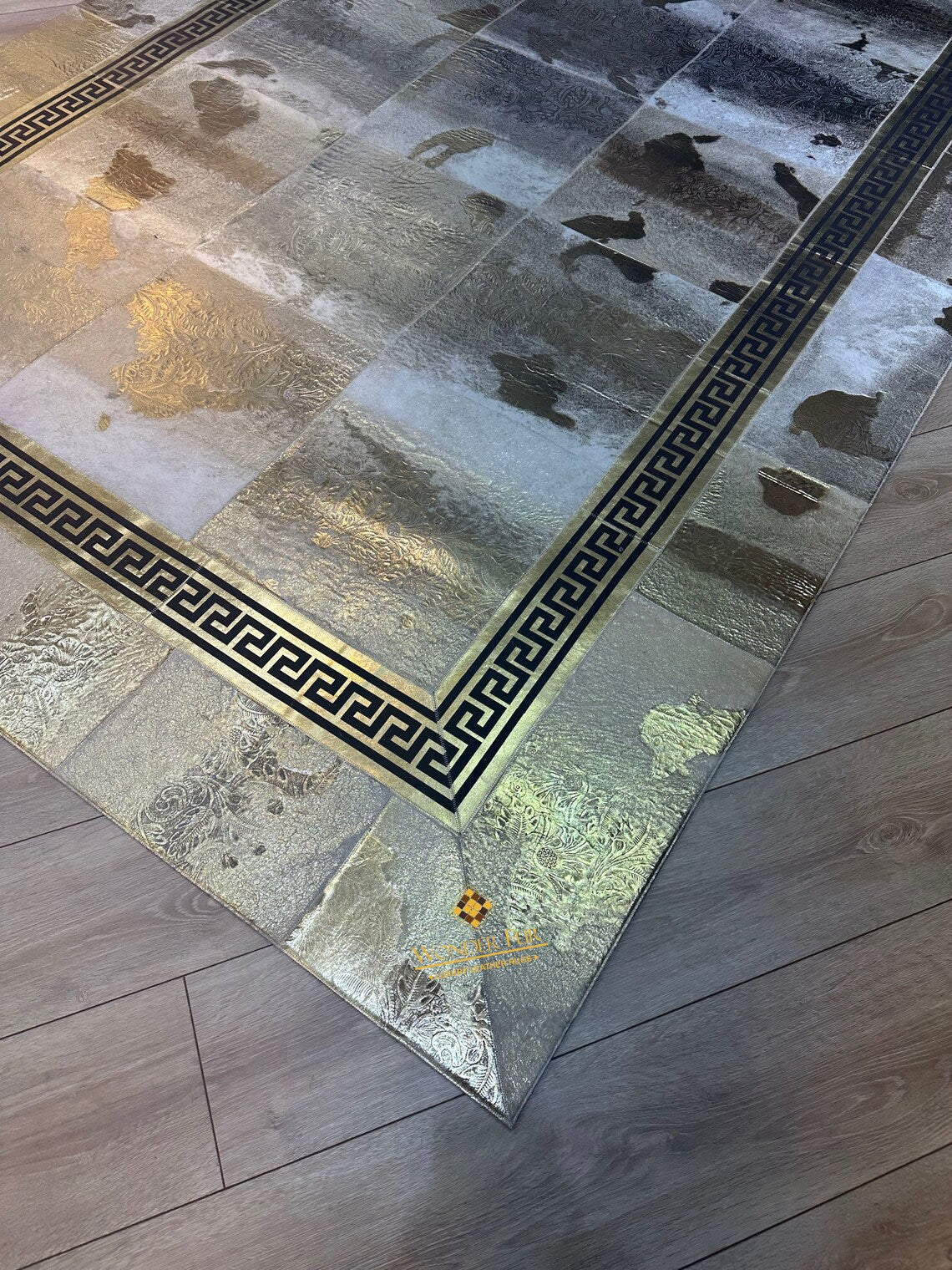 Luxury Sheepskin Gold-Bordered Area Rug with Exquisite Frayed Center