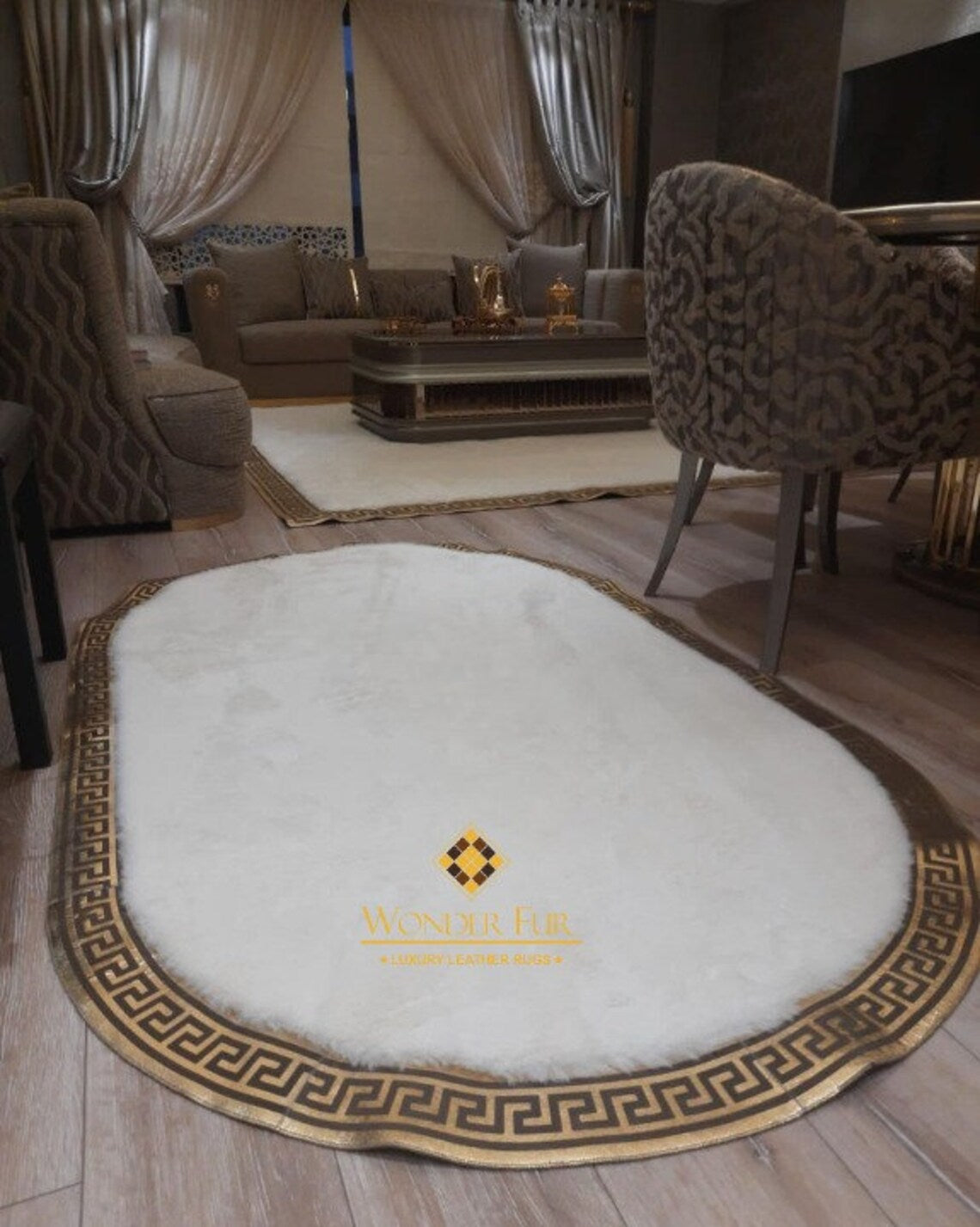 Luxury Elegant Soft White Gold Faux Fur 8x10 Home Decor Geometric Rug