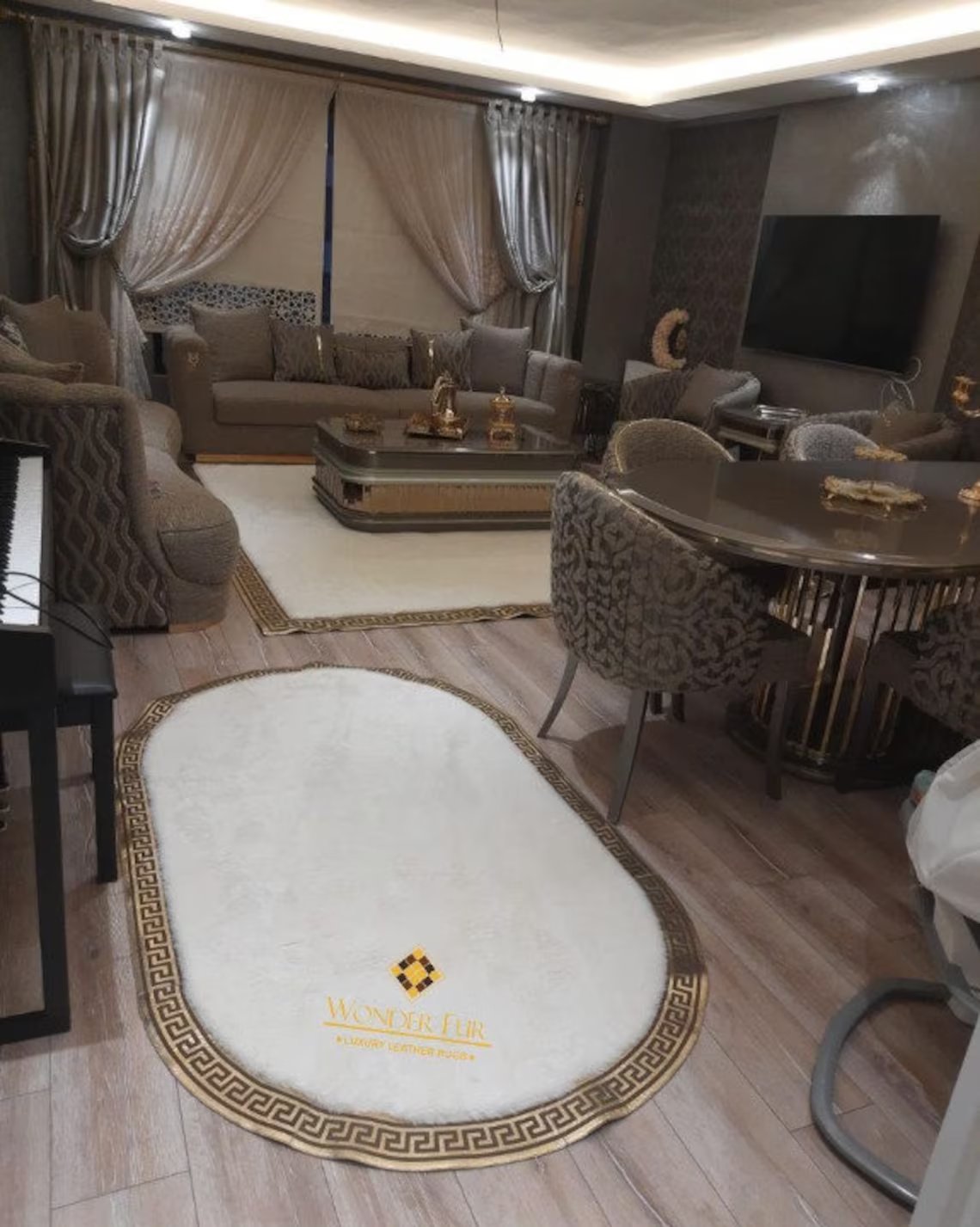 Luxury Elegant Soft White Gold Faux Fur 8x10 Home Decor Geometric Rug