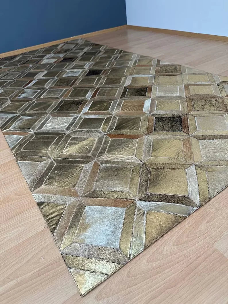 Luxury Gold Genuine Cowhide Area Rug, Handmade Gold Cow Leather Carpet for Home Decor