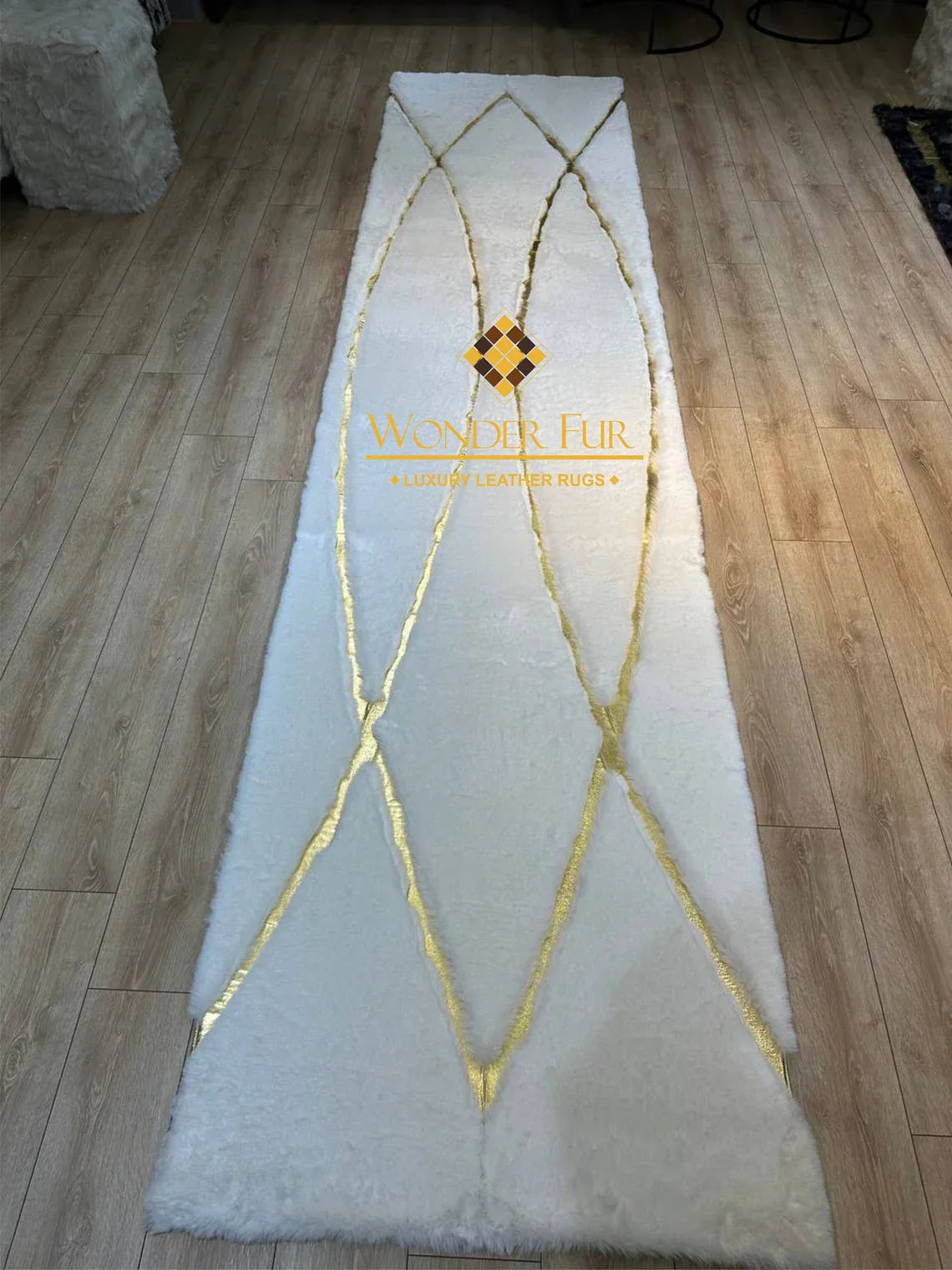 Luxury Handmade Elegant Soft White Gold Faux Fur Runner Non Slip Rug