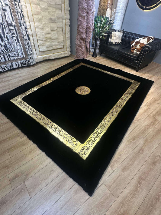 Unique modern handmade black gold faux fur rug in stylish living room setting