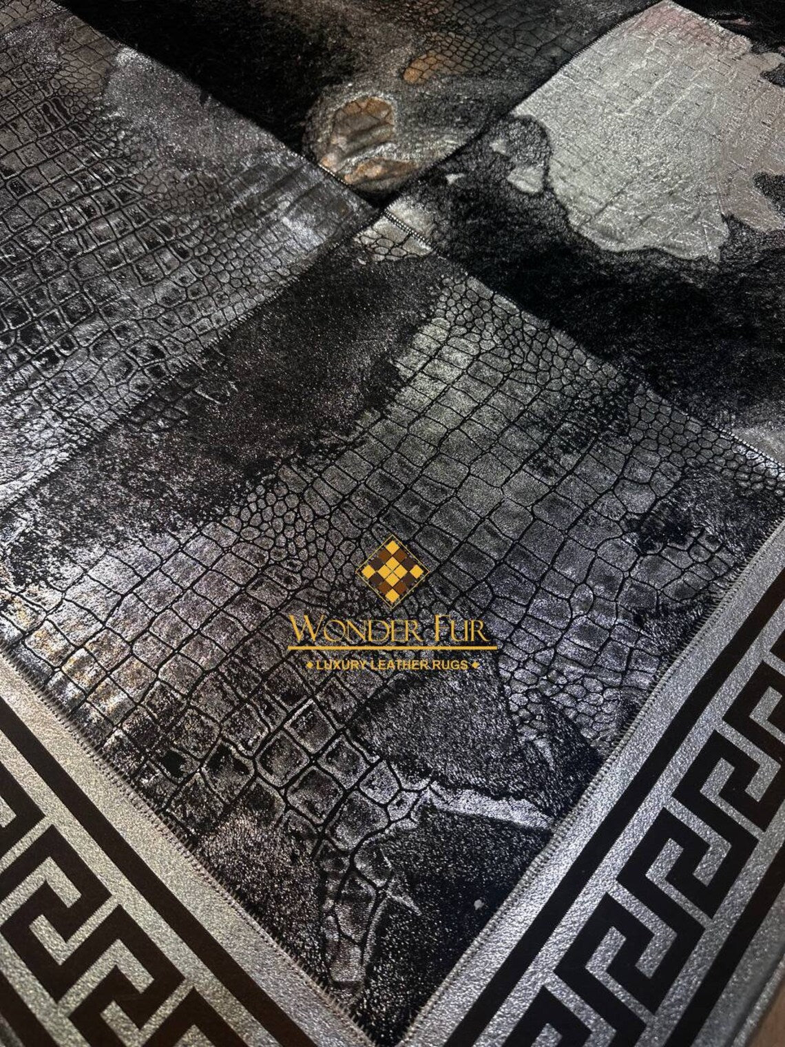 Luxury Silver Black Sheepskin Leather Rug,Patchwork Living Room Rug