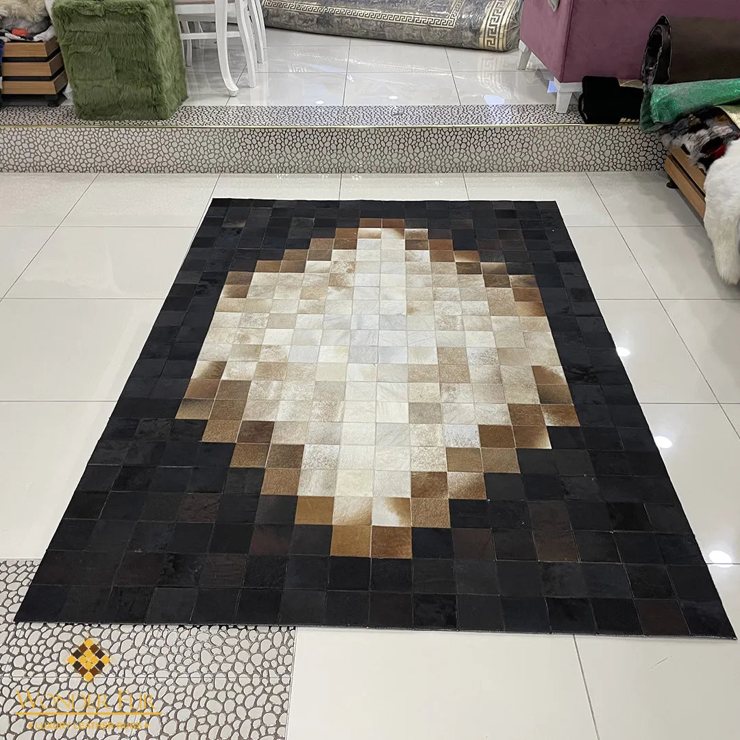 Luxury Tricolor Genuine Cowhide Area Rug for Living Room Handmade Non Slip Patchwork Carpet