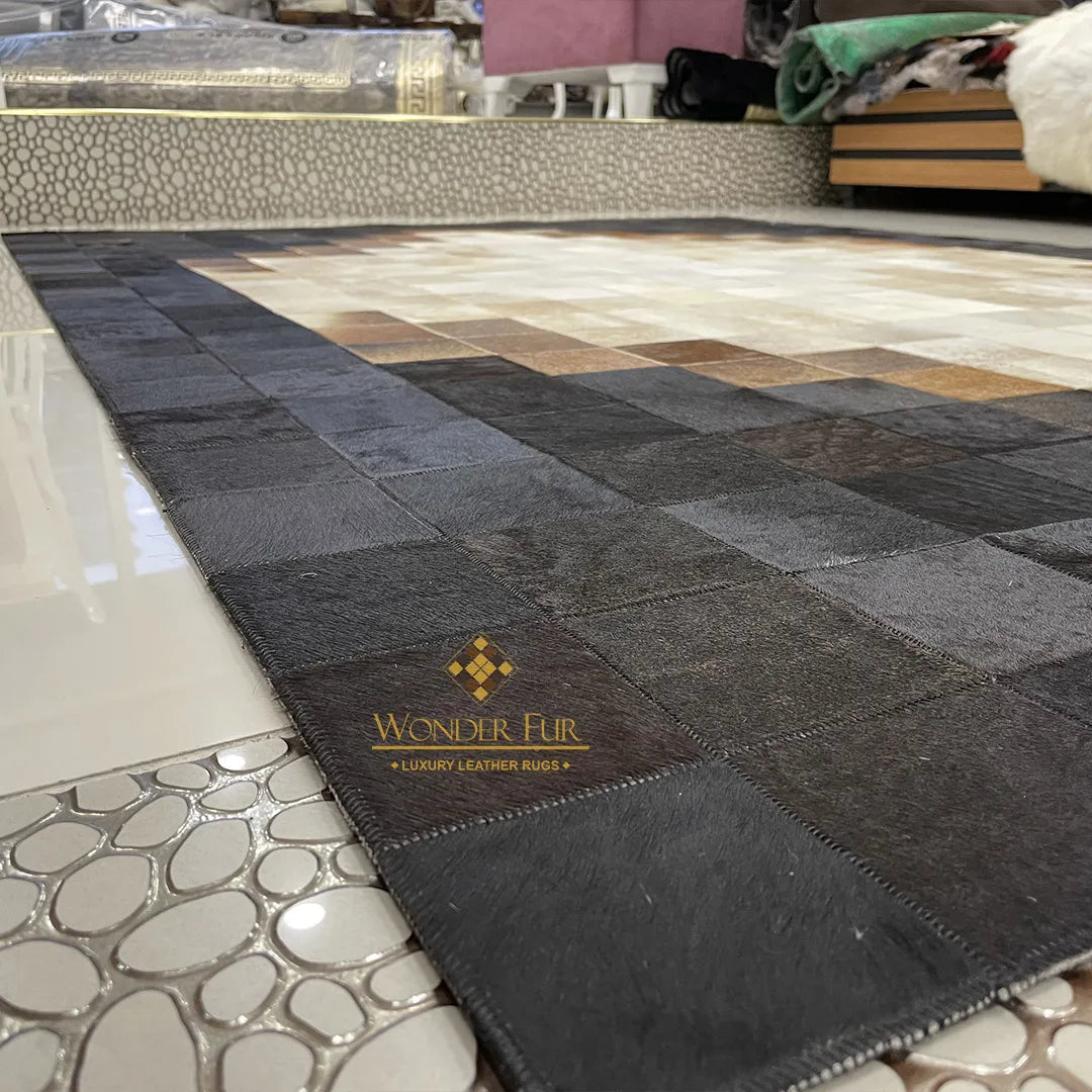 Luxury Tricolor Genuine Cowhide Area Rug for Living Room Handmade Non Slip Patchwork Carpet