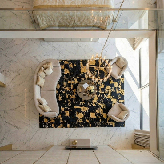 Luxury Black Gold Natural Cowhide Area Rug for Living Room, Modern Handmade Rug