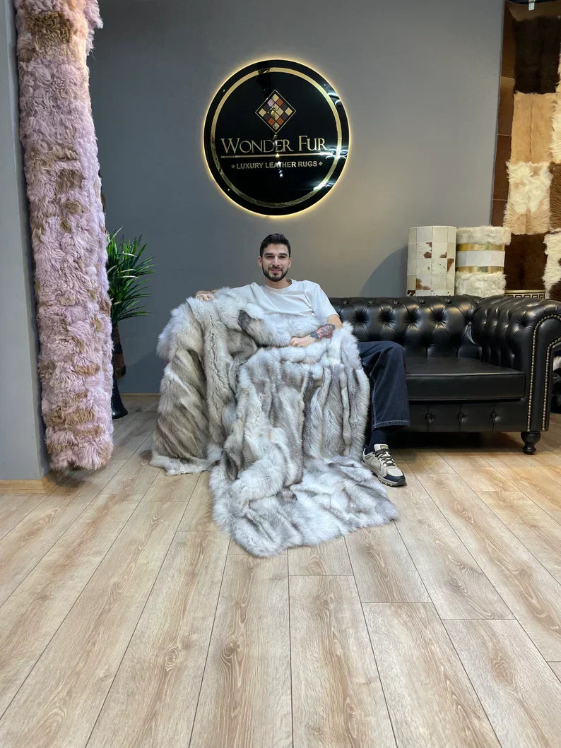 Luxury Canadian Gray Natural Fox Fur Blanket - Handmade Shaggy Throw