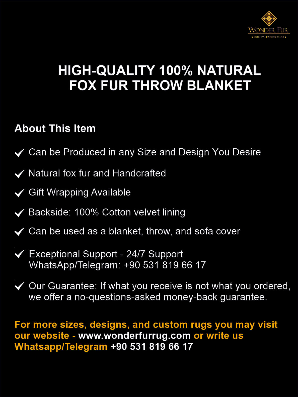 Luxury Canadian Gray Natural Fox Fur Blanket - Handmade Shaggy Throw