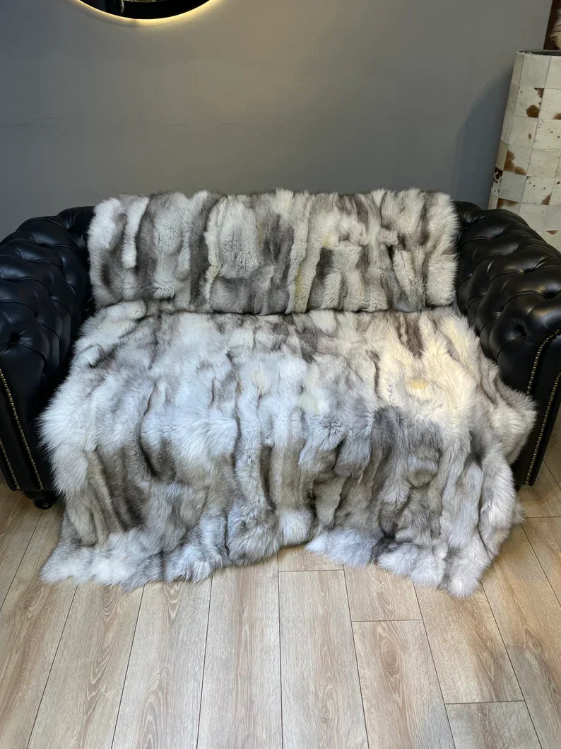 Luxury Canadian Gray Natural Fox Fur Blanket - Handmade Shaggy Throw