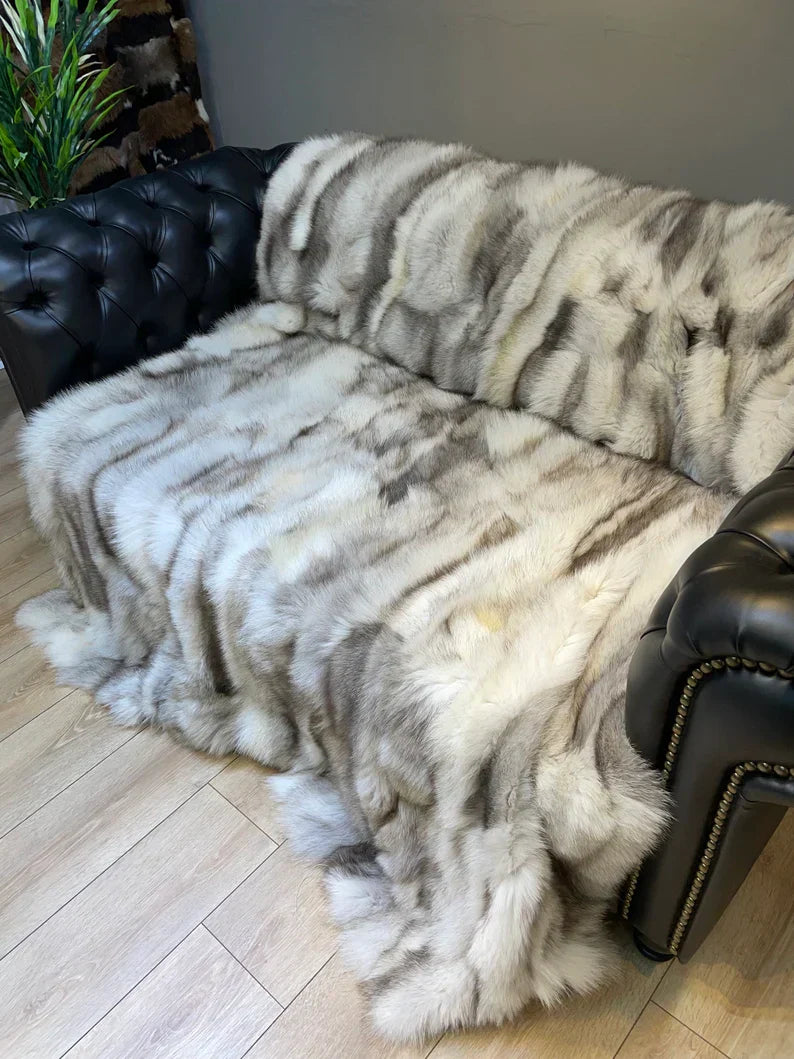 Luxury Canadian Gray Natural Fox Fur Blanket - Handmade Shaggy Throw