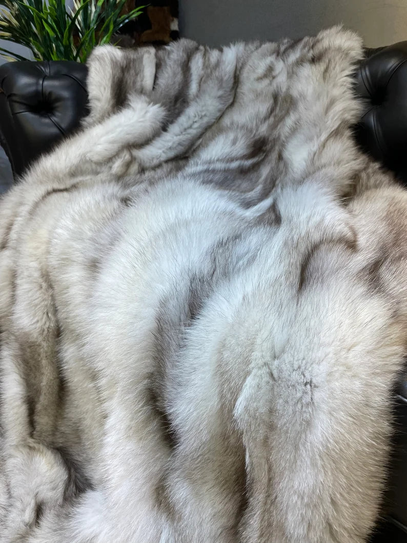 Luxury Canadian Gray Natural Fox Fur Blanket - Handmade Shaggy Throw