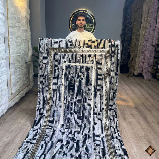 Luxury Handmade Gray Rabbit Fur Rug with Elegant Border Design