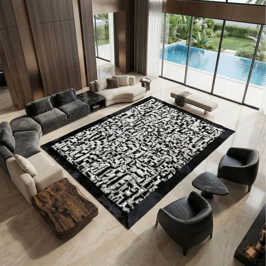 Luxury Handmade Rabbit Fur Rug – Black & Silver Textured Design - WONDERFURRUG