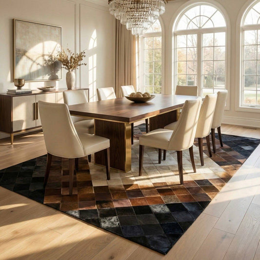 Luxury Patchwork Tricolor Genuine Cowhide Area Rug , Handmade 5x7 Rug