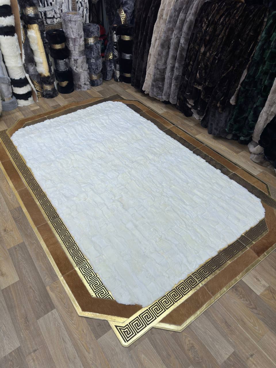 Handmade White Brown Natural Soft Rabbit Fur Rug