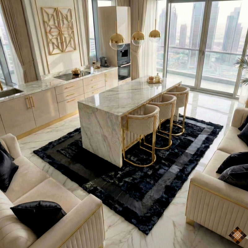 Deep black handmade sheepskin rug with elegant framed border. Custom sizes available for a bold, refined luxury statement in any room.