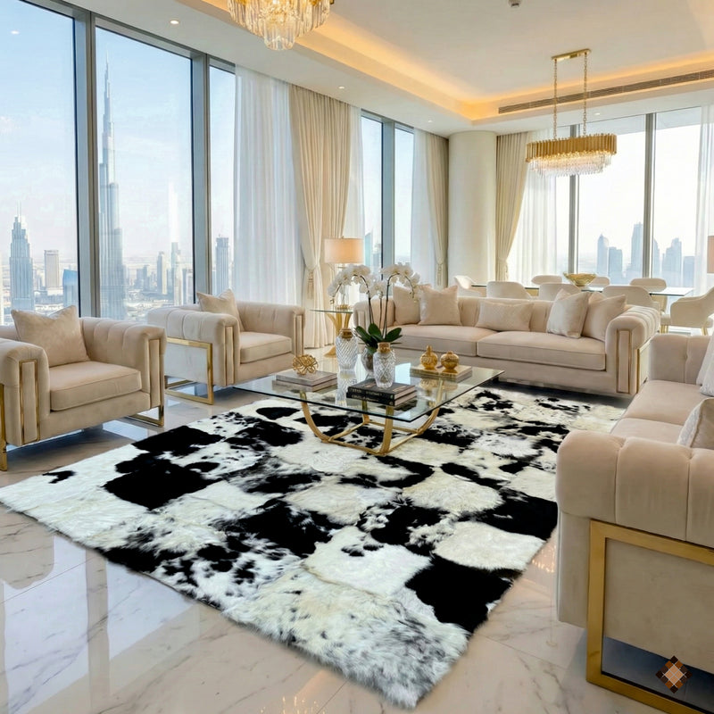 Luxury black and white genuine sheepskin rug. Handmade patchwork design, custom sizes available. Bold comfort and elegance for refined interiors.