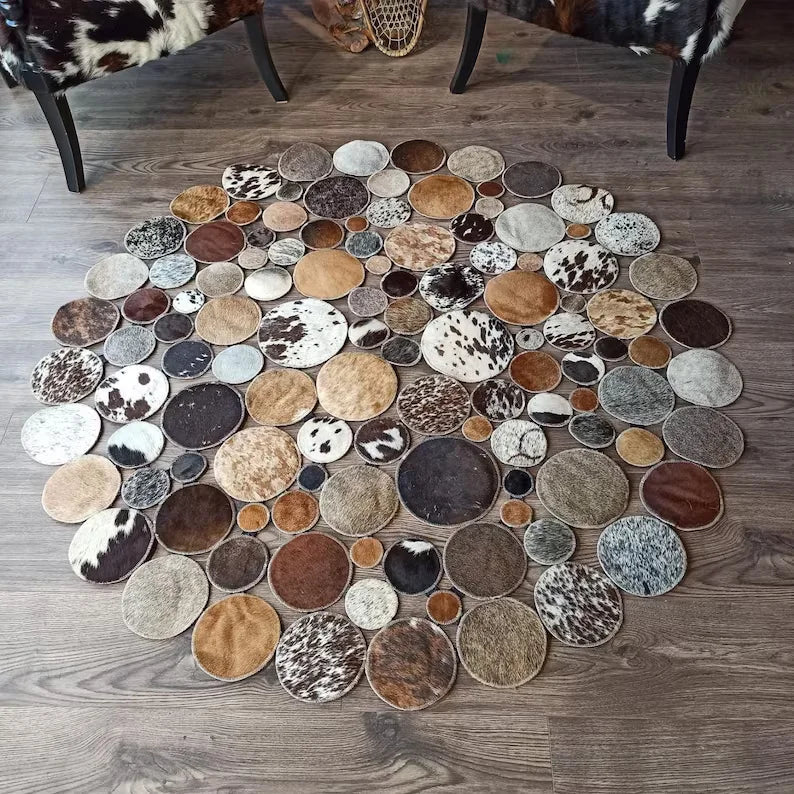 Mix Color 100% Natural Cowhide Round Rug, Handmade Hair on Leather Rug