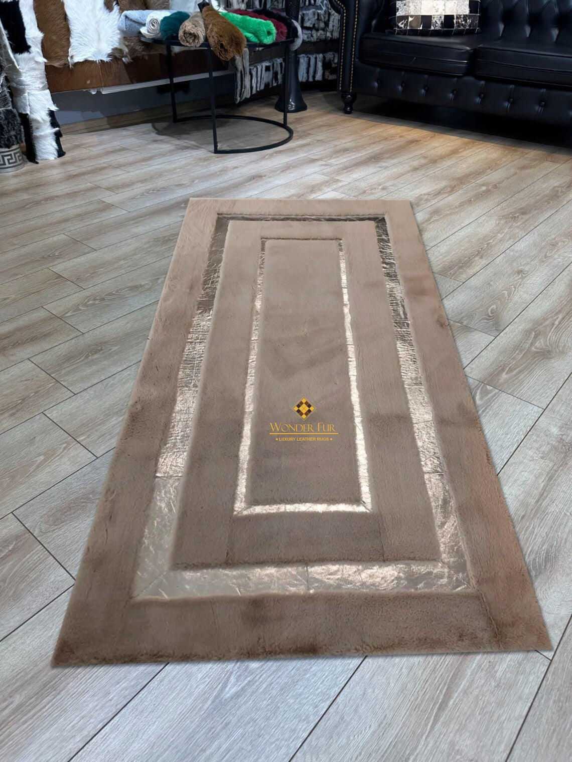 Modern Plush Brown And Gold Faux Fur Office Rug , Handmade Soft Carpet