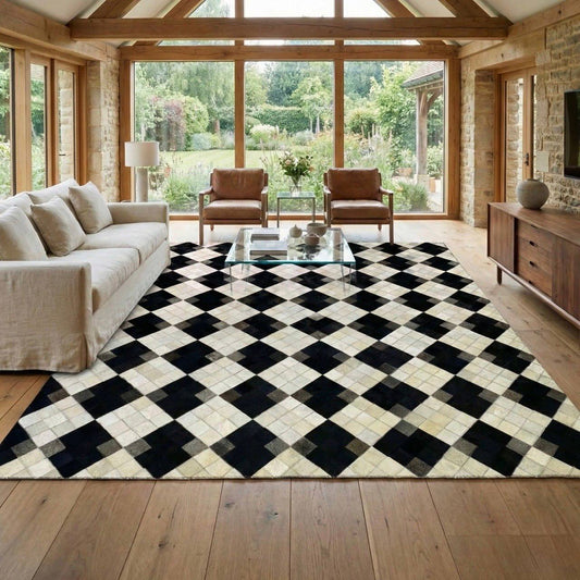 Modern Luxury Black and White Plaid Genuine Cowhide Rug