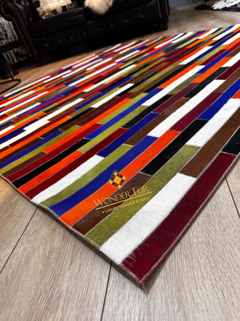 Multicolor Cowhide Patchwork Rug for Kids Room, Genuine Handmade Cowhide Area Rug