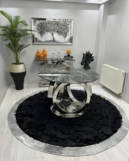 Natural Black Silver Sheepskin round fur rug in modern living room setting