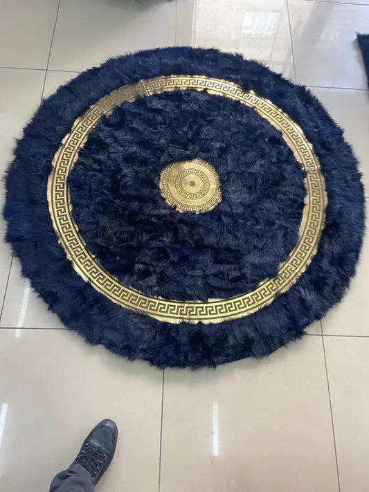 Natural black round sheepskin handmade soft fluffy rug with gold decorative pattern