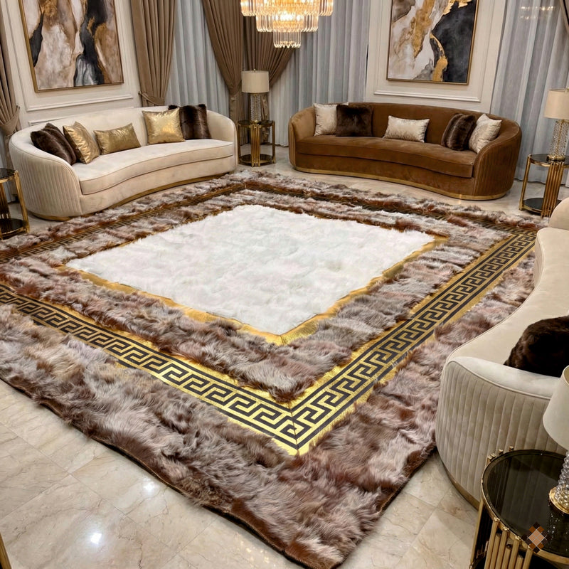 Step into pure luxury. This genuine sheepskin rug features a striking gold Greek key pattern, plush white center, and rich brown border. Custom made for you.