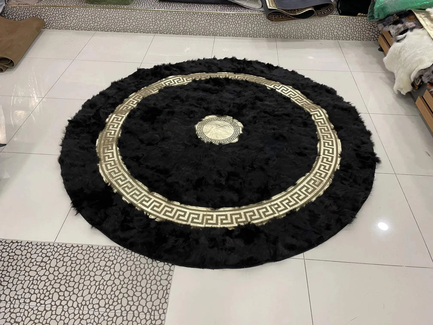Handmade Patchwork Rug - Black and Gold Sheepskin Non Slip Round Rug