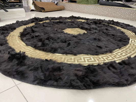 Handmade Patchwork Rug - Black and Gold Sheepskin Non Slip Round Rug