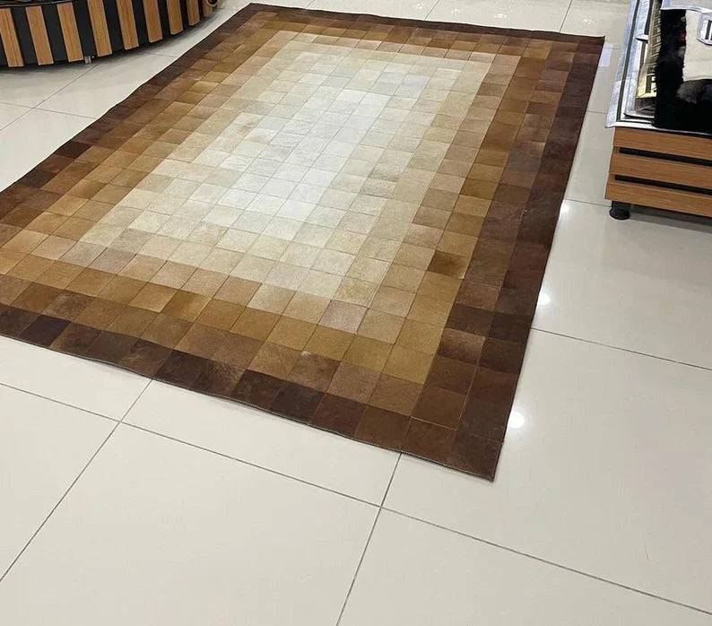 Tricolor Handmade Cowhide Patchwork Rug, Custom Size Natural Rug