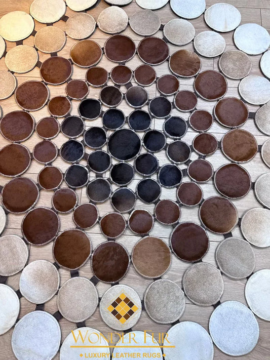 Tricolor Natural Leather Cowhide Patchwork Rug, Handmade Round Cow Skin Decor Rug