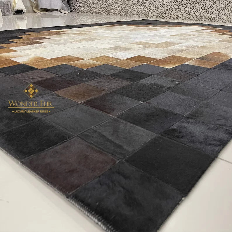 Tricolor Unique Cowhide Area 6x9 Rug, Natural Handmade Leather Cowhide Patchwork Rug