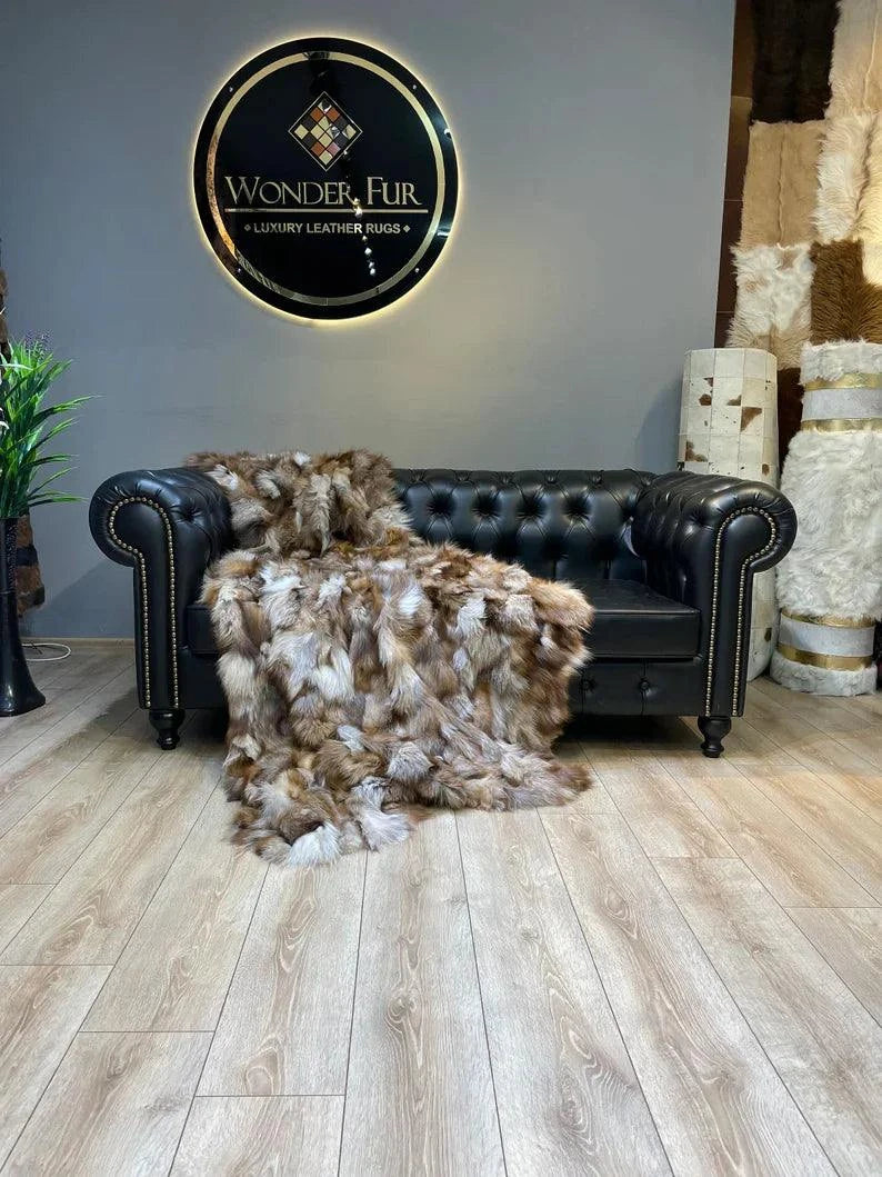 Unique Colour 100 Natural Fox Fux Blanket - Handmade Luxury Bed Cover