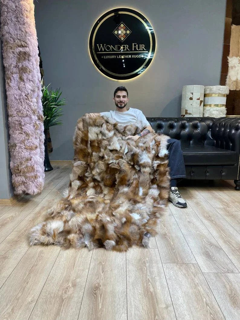 Unique Colour 100 Natural Fox Fux Blanket - Handmade Luxury Bed Cover