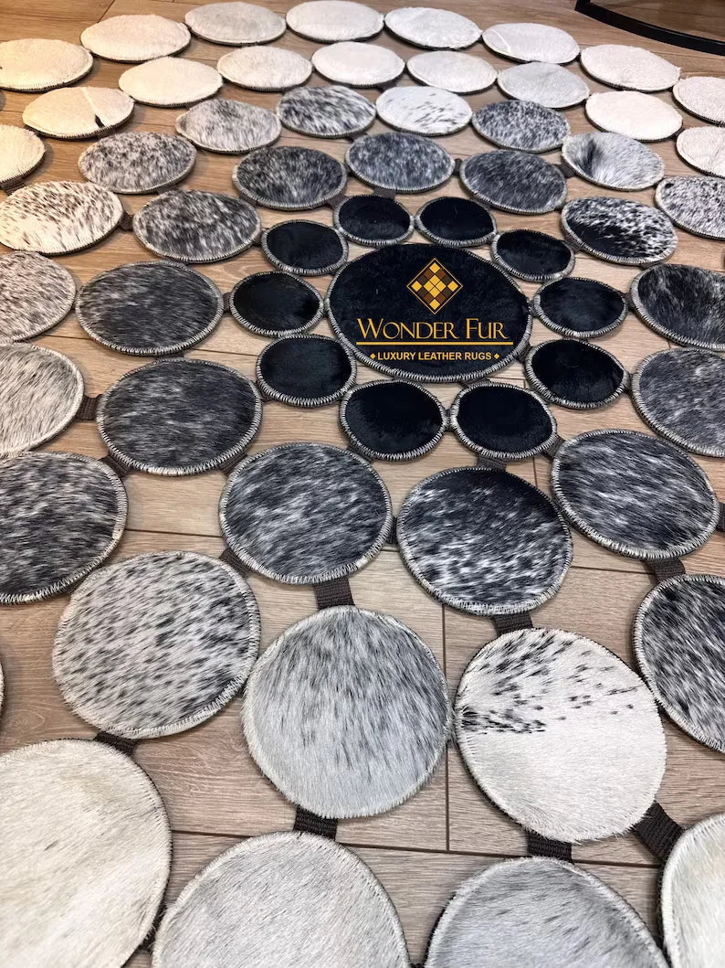 Unique Design Tricolor Natural Cowhide Round Rug, Elegance Handmade Cow Skin Carpet - WONDERFURRUG