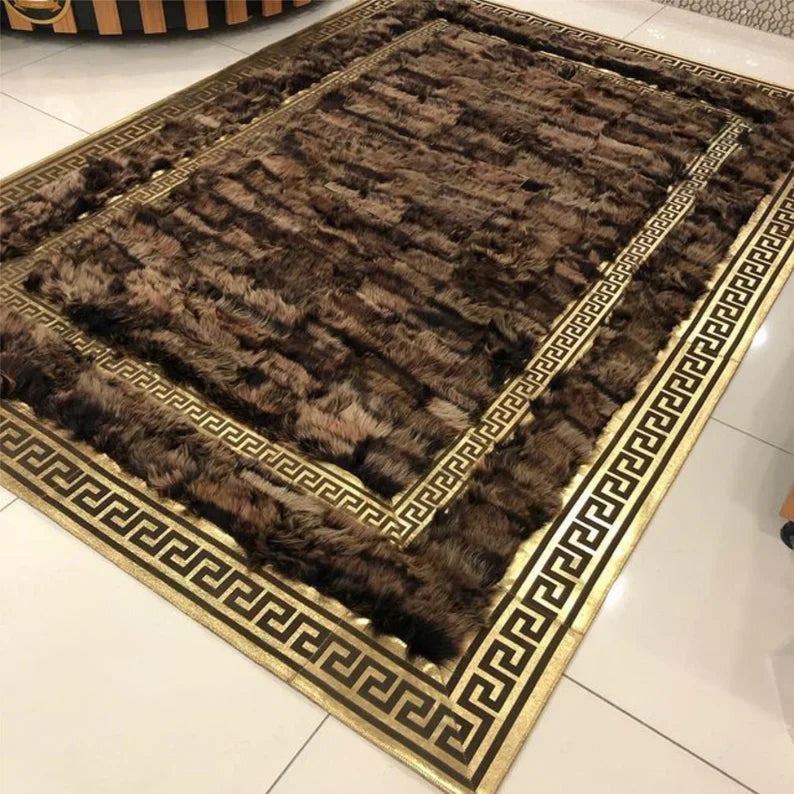 Unique Elegant Brown Gold Sheepskin Living Room Rug , Fluffy Soft Rug