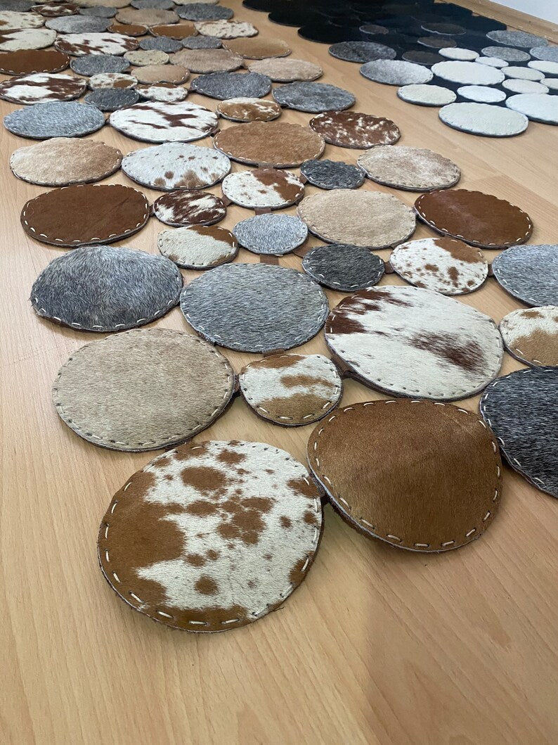 Unique Multicolor Natural Leather Carpet, Handmade Cowhide Runner Patchwork Rug