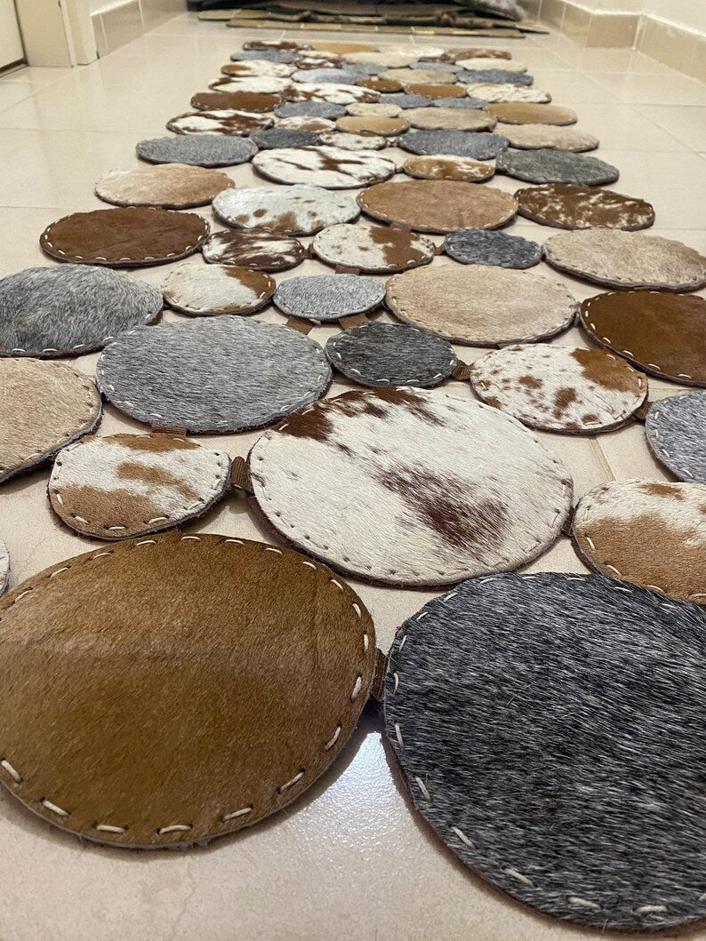 Unique Multicolor Natural Leather Carpet, Handmade Cowhide Runner Patchwork Rug