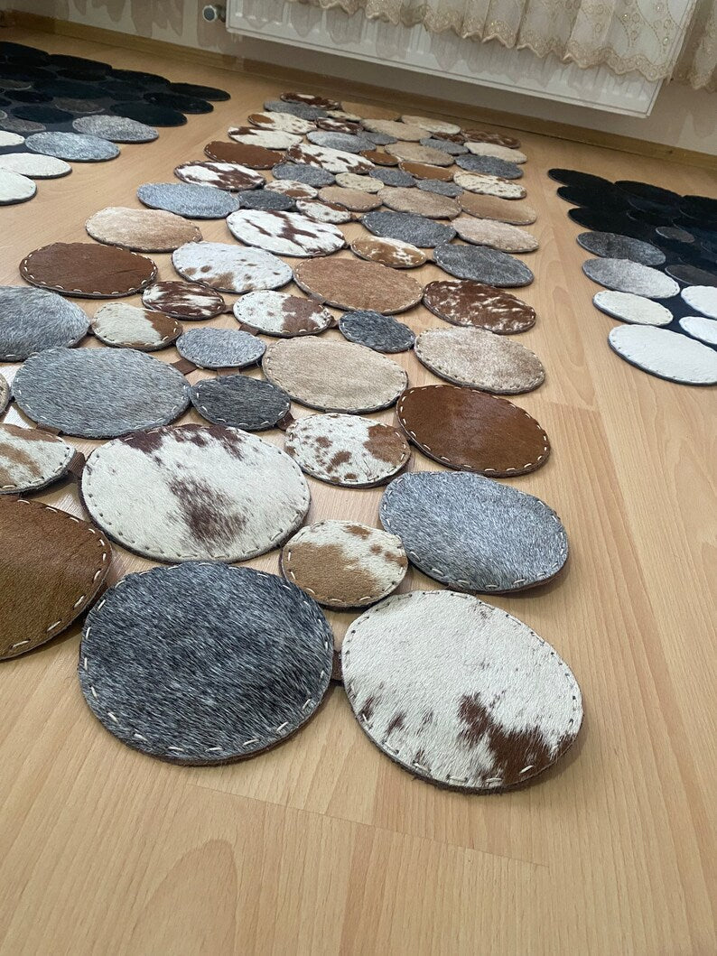 Unique Multicolor Natural Leather Carpet, Handmade Cowhide Runner Patchwork Rug