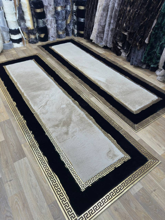 Handcrafted Beige Black Runner Rug with Plush Faux Fur – Modern & Cozy Touch