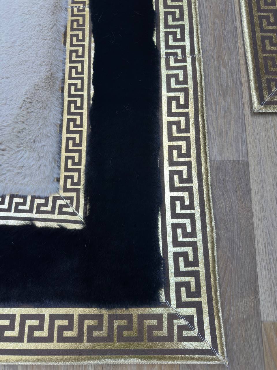 Handcrafted Beige Black Runner Rug with Plush Faux Fur – Modern & Cozy Touch