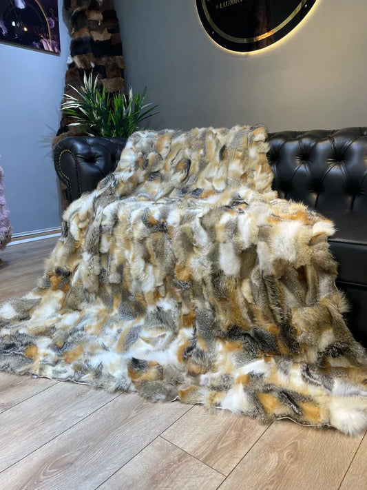 Handmade ultra soft real fox fur blanket cozy throw on black leather sofa