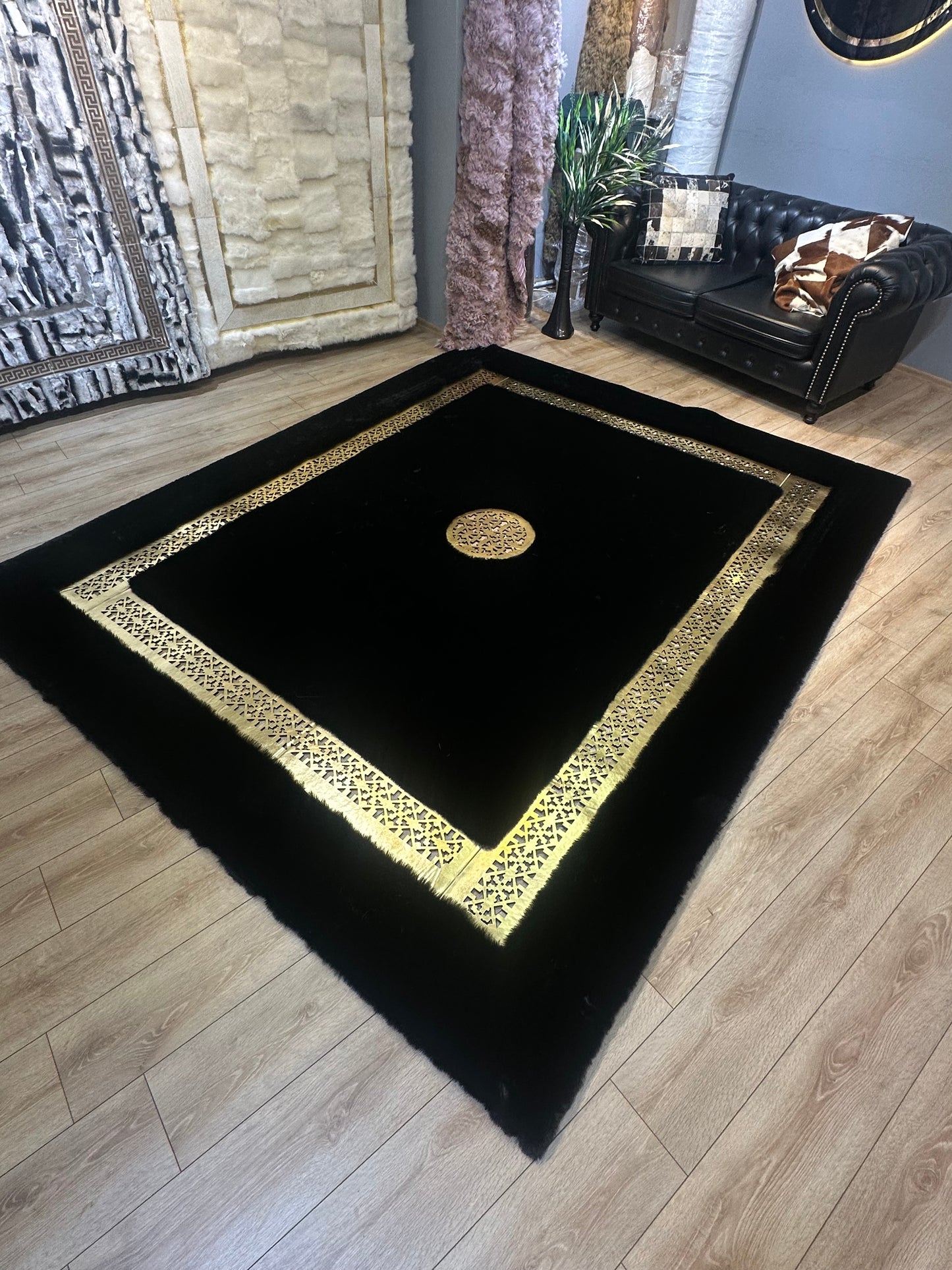 Unique Modern Handmade Black Gold Faux Fur Living Room Rug ,Fluffy Soft Rug