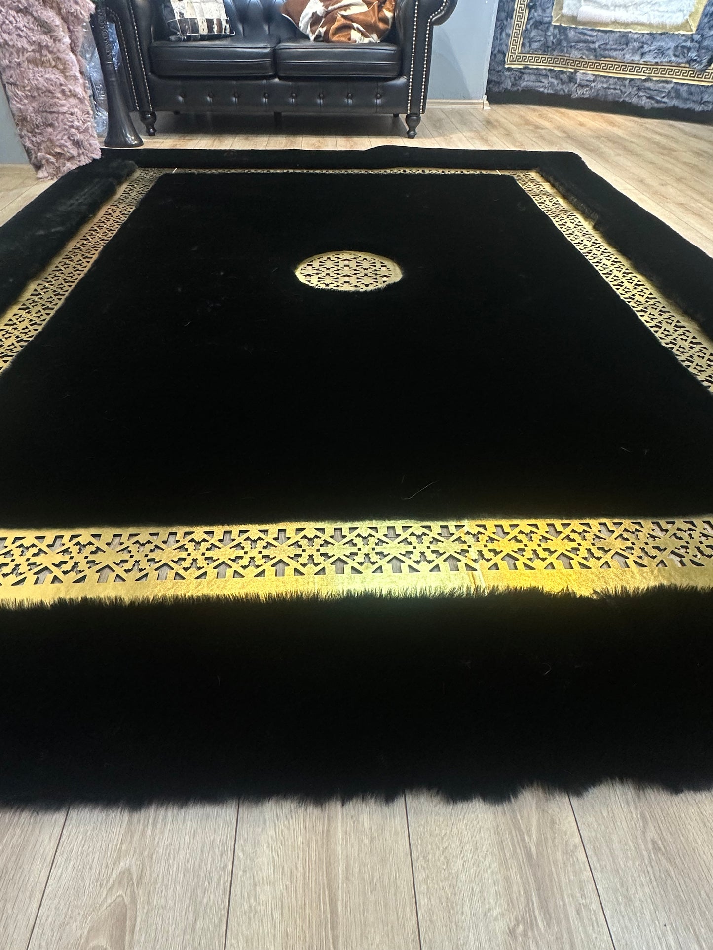 Unique Modern Handmade Black Gold Faux Fur Living Room Rug ,Fluffy Soft Rug
