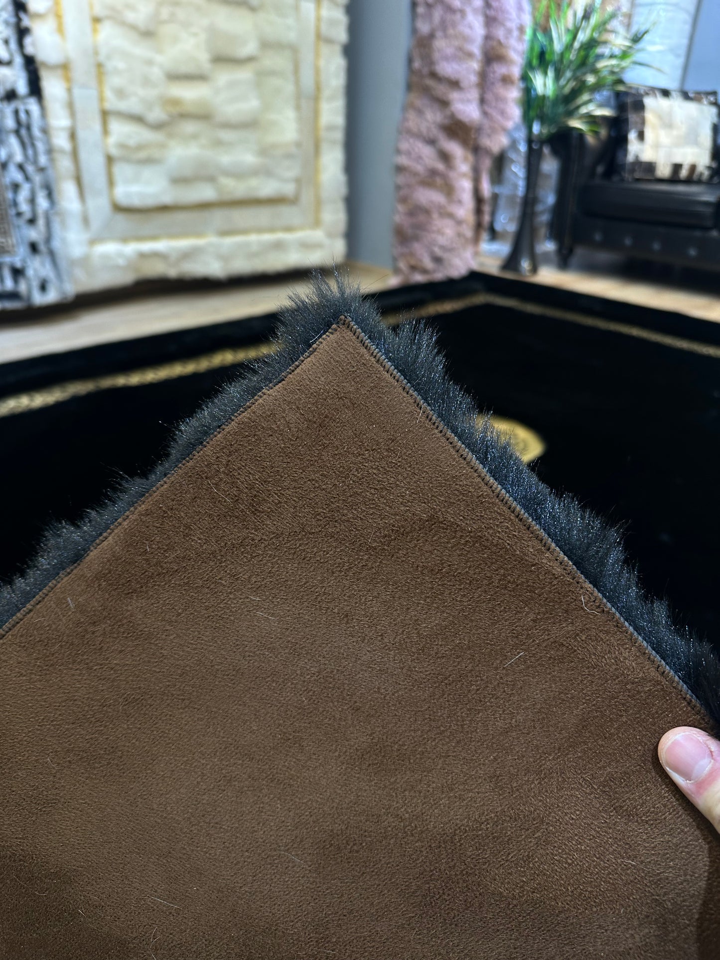Unique Modern Handmade Black Gold Faux Fur Living Room Rug ,Fluffy Soft Rug