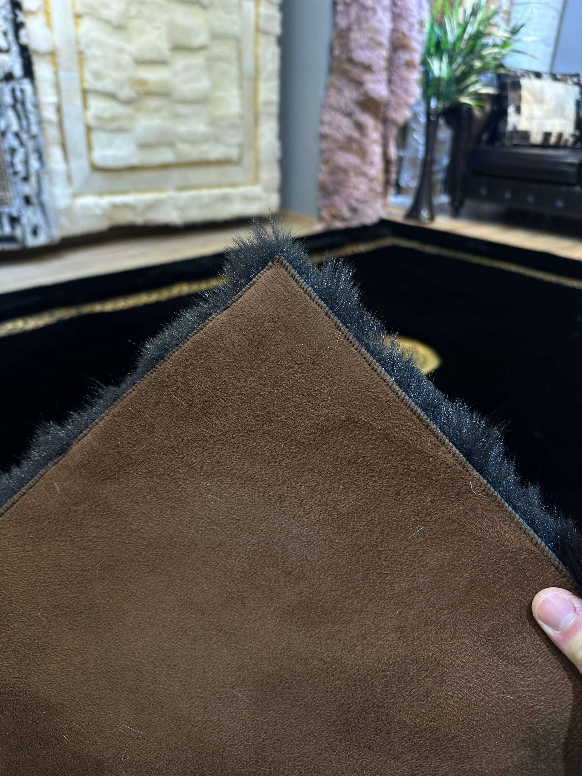 Unique Modern Handmade Black Gold Faux Fur Living Room Rug ā Soft & Plush