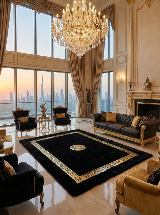 black gold faux fur living room rug in a modern seating area